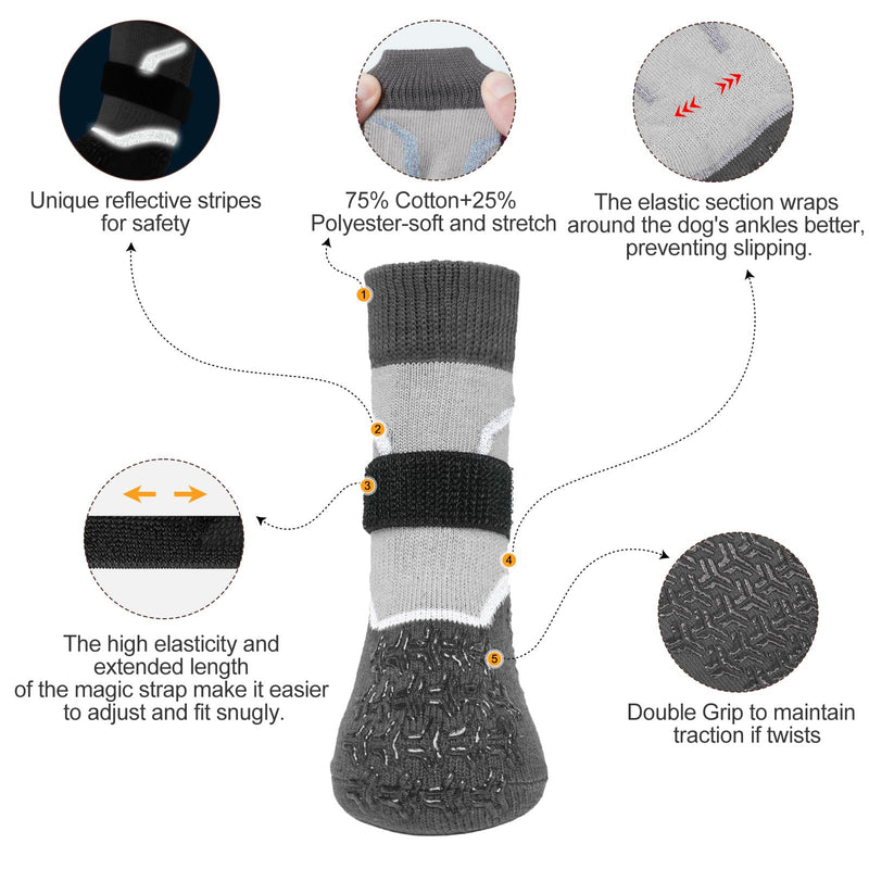 BEAUTYZOO Anti Slip Dog Socks to Prevent Licking Paws, Dog Boots Reflective with Grips for Hot/Cold Pavement, Non Slip Dog Shoes Paw Protector for Hardwood Floor Small Medium Large Senior Dog Booties Grey S(Pack of 6) - PawsPlanet Australia