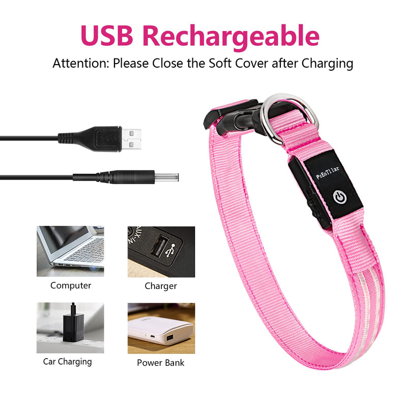 PcEoTllar Dog Collar Luminous Rechargeable, Luminous Collar Dog Waterproof Adjustable Flashing Light LED Collar Dog for Small Medium Large Dogs, Visibility in the Dark, Pink-L L(48-60cm/19-23.6inch) - PawsPlanet Australia