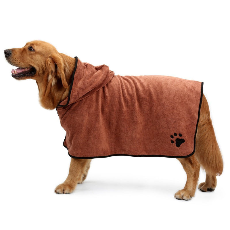 [Australia] - BONAWEN Dog Bathrobe Soft Super Absorbent Luxuriously 100% Microfiber Dog Drying Towel Robe with Hood/Belt for Large,Medium,Small Dogs Large:back length 23" Brown 