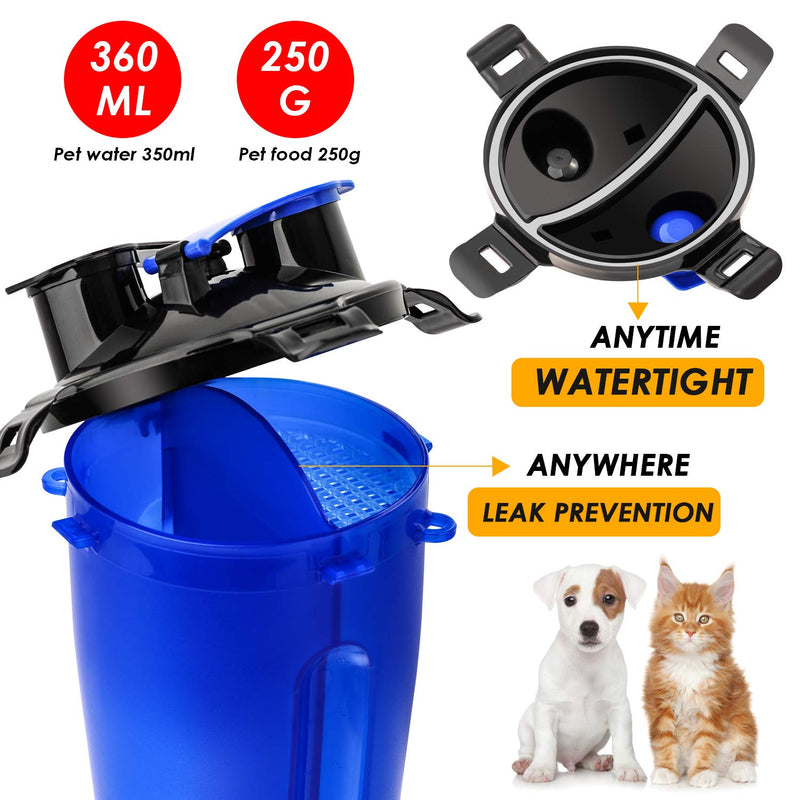 [Australia] - liangdu Pet Dogs Travel Water Bottle, 2 in 1 Portable Dog Cat Water Dispenser and Food Container with 2 Collapsible Bowls for Your Pets Walking and Traveling Blue 