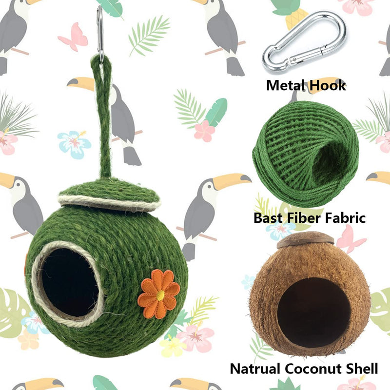CooShou Bird Nest Coconut Woven Straw, Natural Coconut Pet Bird Cage with Green Straw Rope Woven Cover，Bird Nesting for Small Parrot, Parakeet Conures Cockatiel, Lovebird, Finches - PawsPlanet Australia