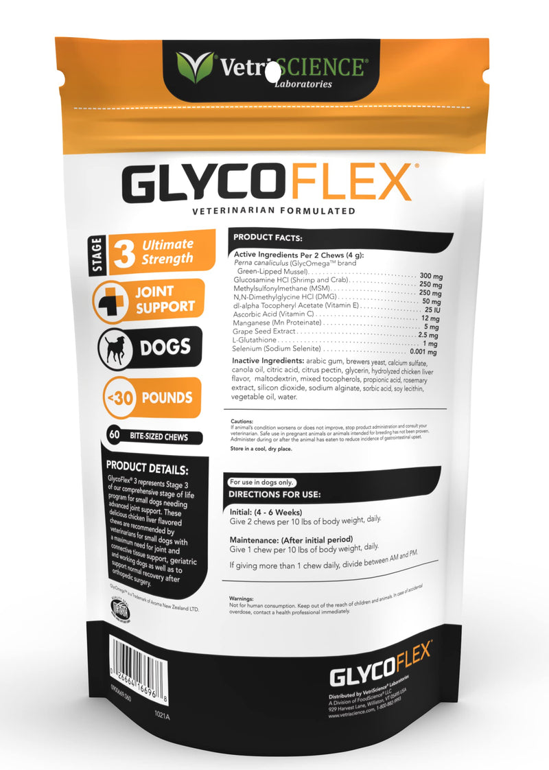 VETRISCIENCE Glycoflex 3 Maximum Strength Hip & Joint Support for Small Dogs Under 30lbs - Glucosamine, DMG, MSM & Green Lipped Mussel - Great Tasting - Vet Recommended, (0900669.060) - PawsPlanet Australia