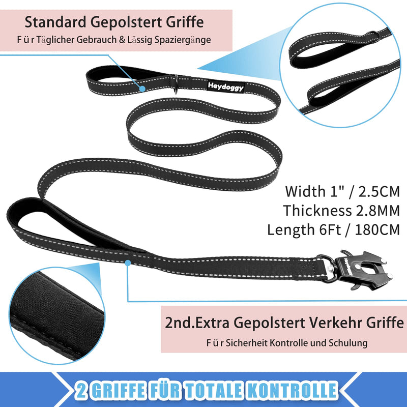 Reflective dog leash 1.8 m, robust nylon training leash with two soft padded handles and auto lock carabiners, control anti-pull leash for puppies, small, medium, large dogs, black, 6 ft 180 cm x 2.5 cm x 2.8 mm - PawsPlanet Australia