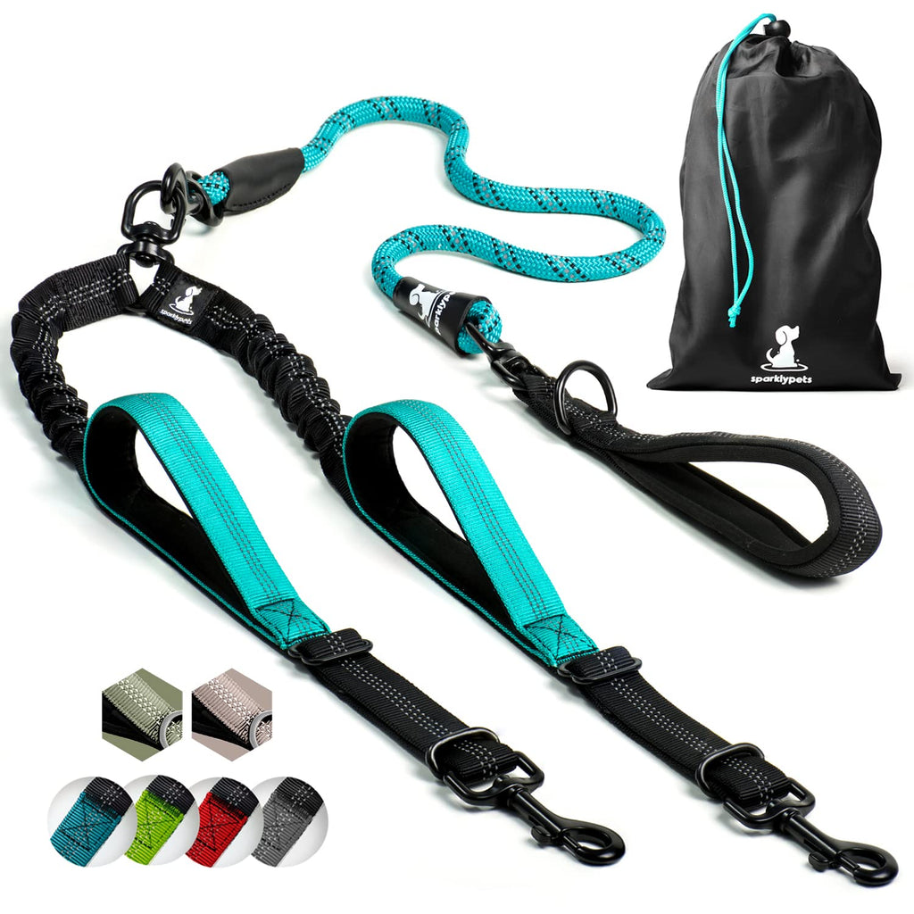 Dog leash for 2 dogs with bungee extension for large and medium-sized dogs with shock absorber | Reflective Elastic Dog Leash for Walking Teal For Two Dogs - PawsPlanet Australia