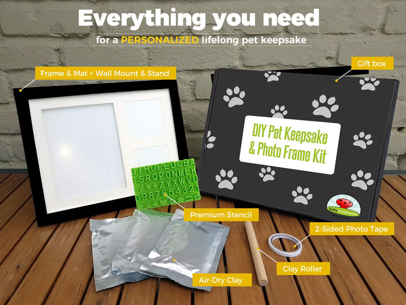 Ultimate Dog or Cat Pet Pawprint Keepsake Kit & Picture Frame - Premium Wooden Photo Frame, Clay Mold for Paw Print & Free Bonus Stencil. Makes a Personalized Gift for Pet Lovers and Memorials Black - PawsPlanet Australia