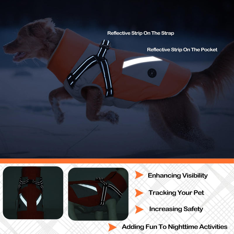 Hjyokuso Waterproof Dog Coat, Dog Jacket with Harness, Dog Jackets for Small Medium Large Dogs, Windproof Pet Clothes Outfit with Reflective Strips and Zipper - Orange 3XL - PawsPlanet Australia