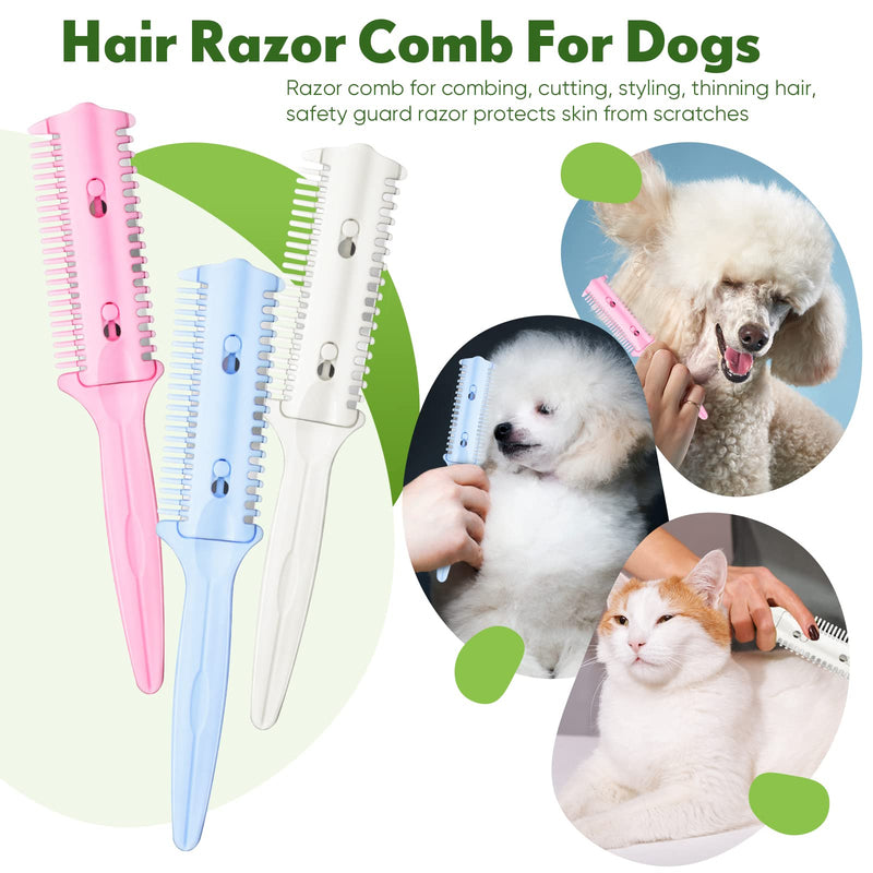 3 Pieces Pet Dog Cat Razor Comb with 15 Pieces Razors Hair Cutter Comb Cutting Scissors Hair Trimmer Comb Grooming Dog Cat Double Edge Razor for Dogs, Pink, Blue, Beige, Black( Sent at Random) - PawsPlanet Australia