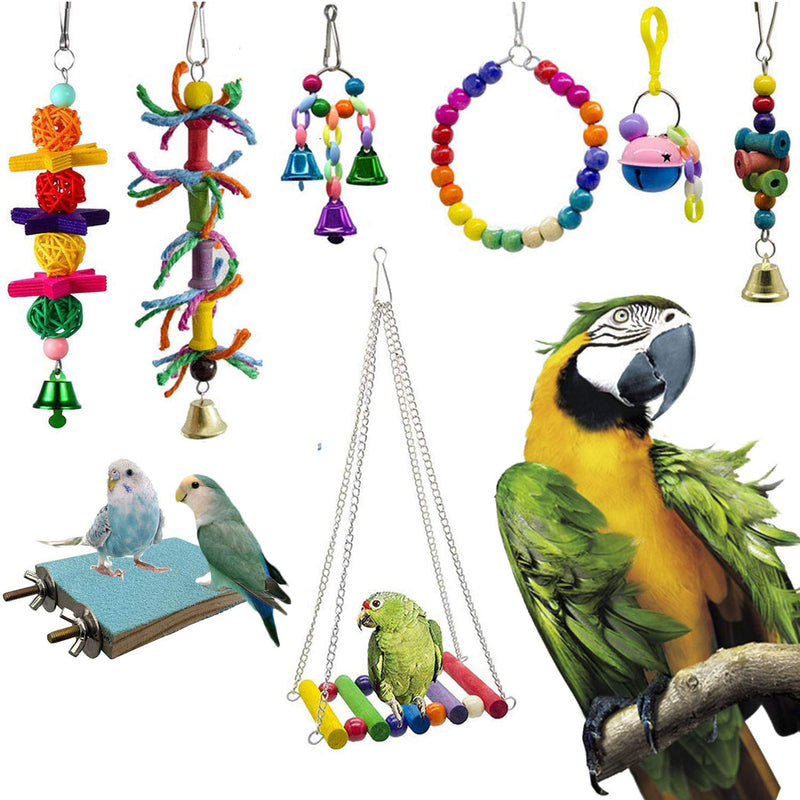 bluesees Bird Toys, Parrot Toys 8pcs Play Set for Birds, Hanging Colorful Swing Chewing Toy Bells, Ladder Swing for Small Parrots, Macaws, Parakeets, Conures, Cockatiels, Love Birds - PawsPlanet Australia