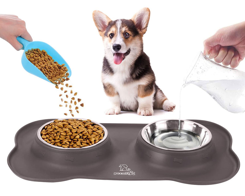 pecute Dog Bowls Non Slip, Stainless Steel Double Bowls Set with Non-Spill Silicone Mats Tray for Cats Puppies Small Dogs Water Food Feeding (14oz Each Bowl, Brown) M(400ml/bowl) Chocolate - PawsPlanet Australia