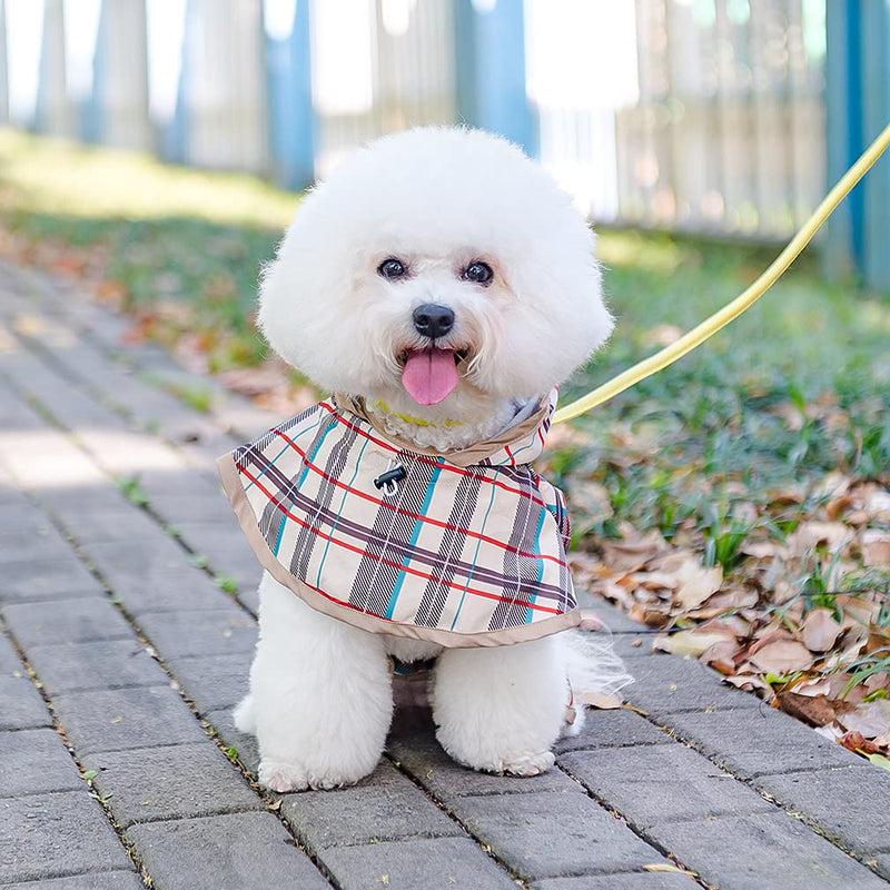 BINGPET Plaid Dog Raincoat - Hooded Waterproof Pet Poncho with Reflective Strap, Lightweight Dog Rain Coat Jacket with Leash Hole, Fit for Small Medium Dogs Beige - PawsPlanet Australia