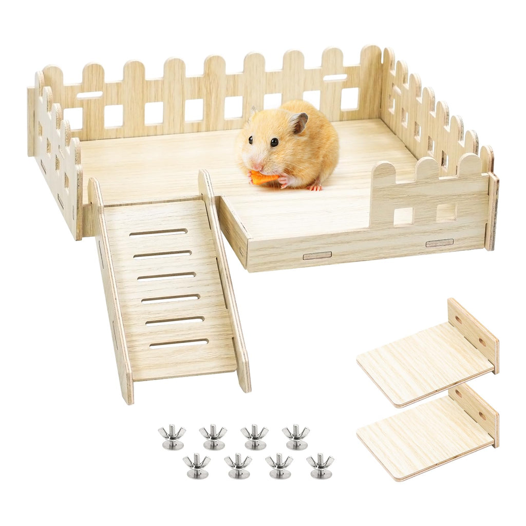 Hamster accessory set, pets small animal platform natural wood rectangular hamster toy for the cage for chinchilla rats guinea pigs, living shelter and berth with stairs (28 x 22.5cm) 28 x 22.5cm - PawsPlanet Australia