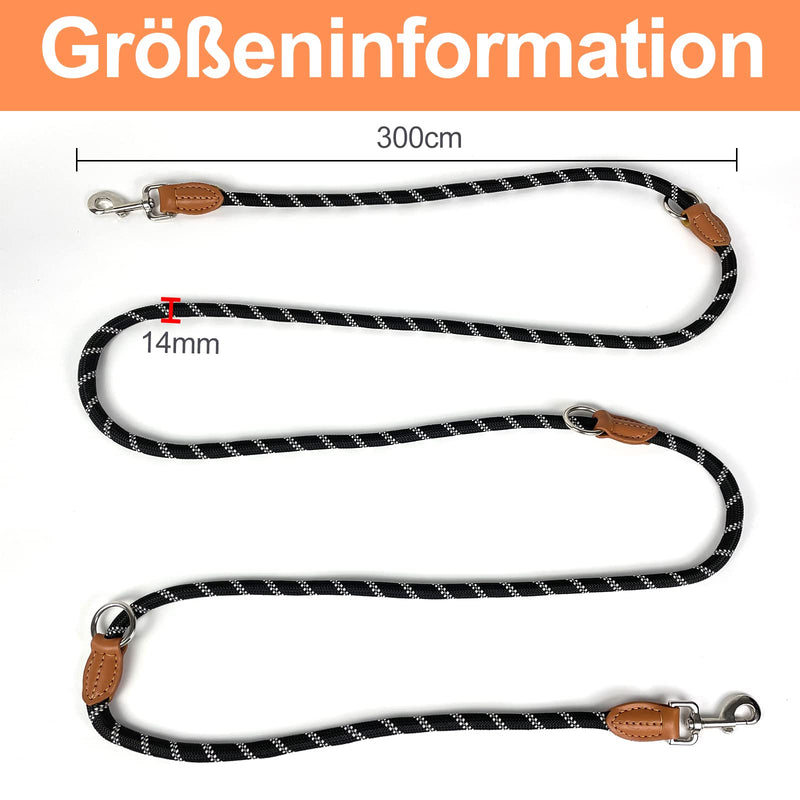 Trhillsbrad dog leash 3 m x 14 mm, adjustable dog leash, large medium dog, multifunctional leash, double leash, shoulder leash, robust, black 1.4 cm 2 - PawsPlanet Australia