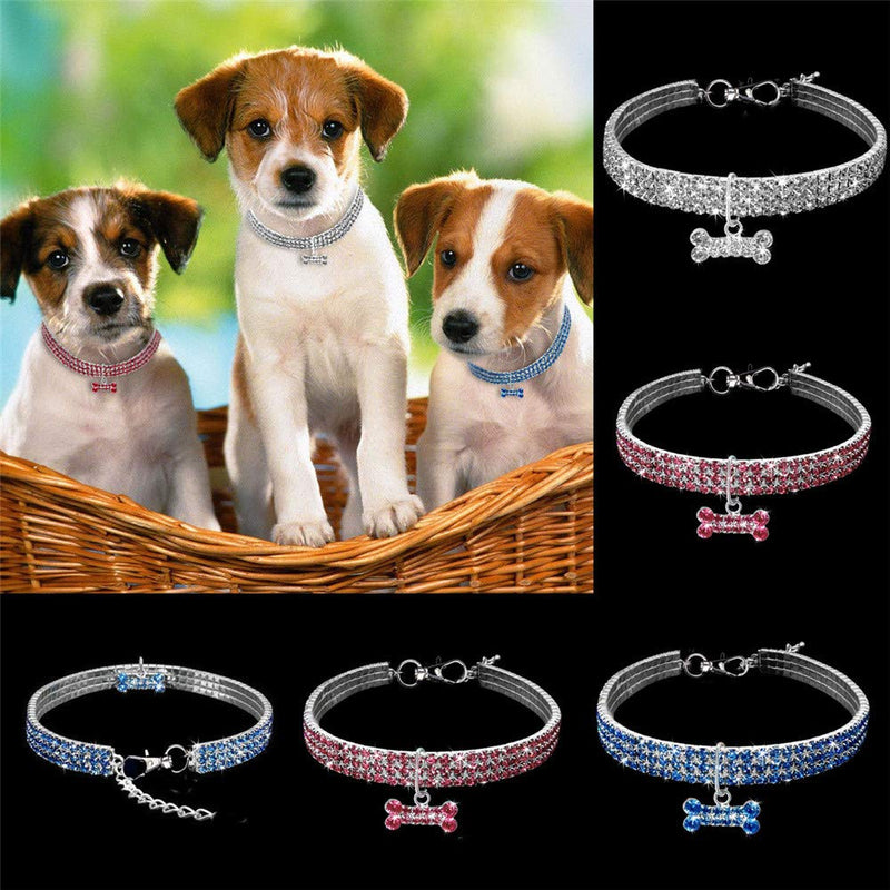 Dogs Kingdom Amazing 3 Rows Rhinestones Necklace Pet Cat Dog Collar Bling Rhinestone Bone Jewelry Party Wedding Accessories S:8-10" neck Dark Blue - PawsPlanet Australia
