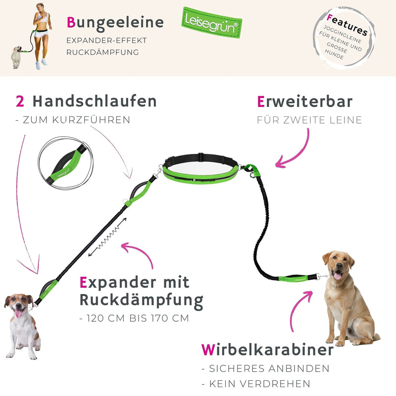 Quiet green jogging leash for large dogs | Freehand leash for jogging with waist belt and shock absorber | Length 125 cm to 175 cm | Color: Black Jogging Leash Set - Large Dogs - PawsPlanet Australia