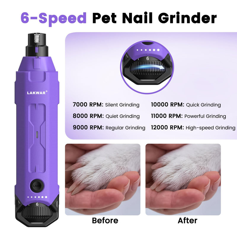 LAKWAR Upgraded 6 Speed Dog Nail Grinder with 2 LED Lights, Quiet Painless Powerful Pet Nail Trimmer for Dogs, Electric Nail File for Cats and Large Small Purple - PawsPlanet Australia