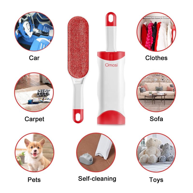 Omasi lint brush animal hair, pet brushes, pet fur and lint removal, lint remover with self-cleaning double-sided base brush, perfect for furniture, carpet red - PawsPlanet Australia