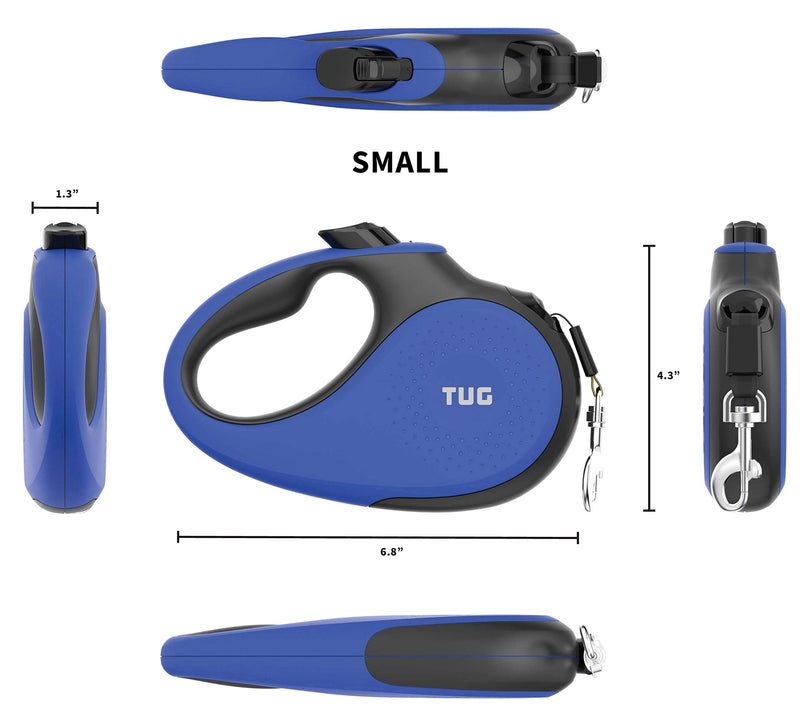 TUG 360° Tangle-Free Retractable Dog Leash with Anti-Slip Handle; Strong Nylon Tape/Ribbon; One-Handed Brake, Pause, Lock Small Blue - PawsPlanet Australia