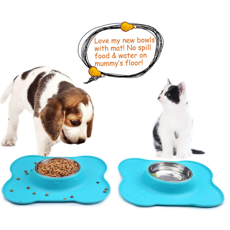 [Australia] - Vivaglory Dog Bowls Set, 2 Pack Puppy Bowls with Non Spill Silicone Mat and Food Grade Stainless Steel Water and Food Feeding Bowl for Kitty Puppy Cat Dog 6½ OZ ea. Turquoise 