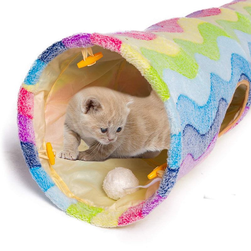 [Australia] - LUCKITTY Large Cat Toy Collapsible Tunnel Tube with Plush Balls, for Small Pets Bunny Rabbits, Kittens, Ferrets,Puppy and Dogs Rainbow 