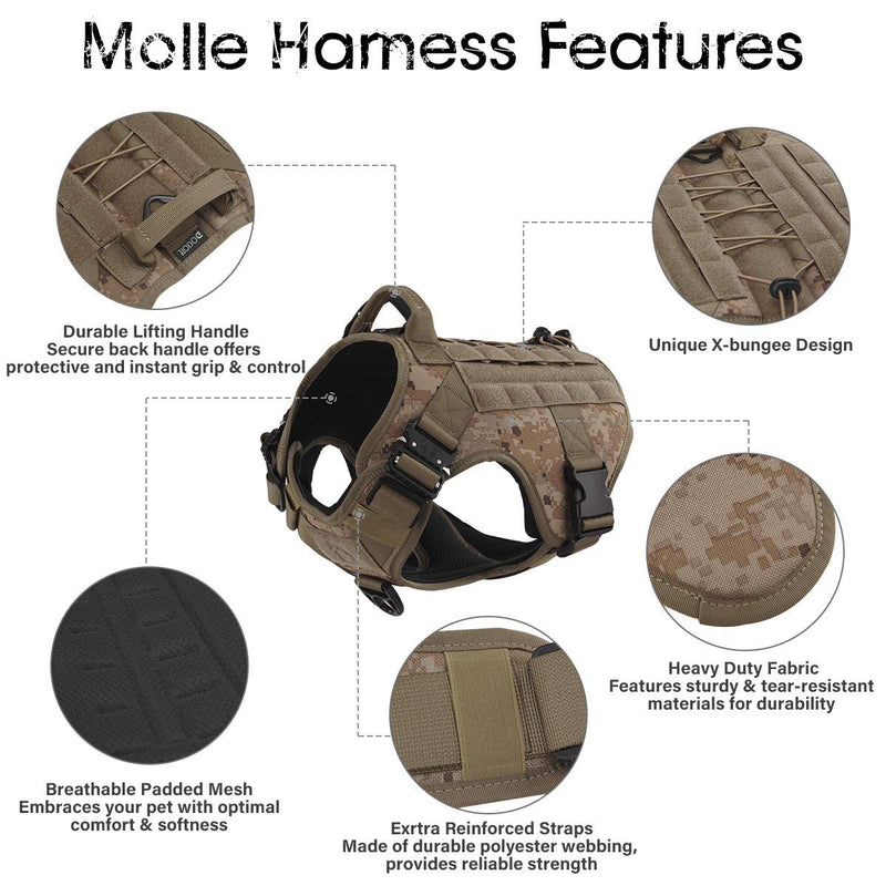 Military Tactical Dog Harness No-Pull Molle Vest Harness Patrol Working Dog With Handle and Front Clip Escape-Proof Adjustable Service Dog Harness for Hiking Training Desert Camo M - PawsPlanet Australia