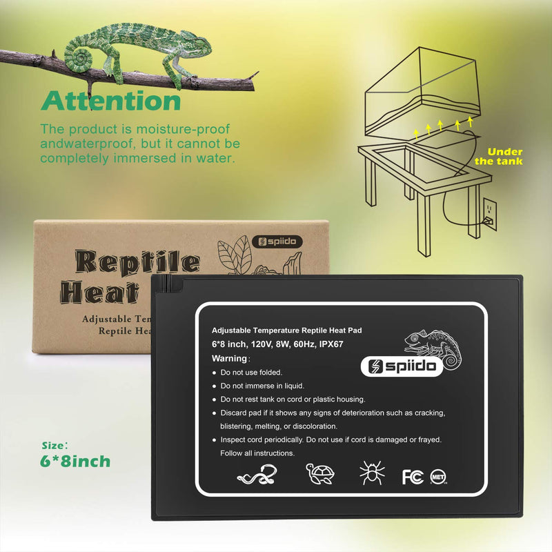 Spiido MET Certified Reptile Heat Pad - Adjustable Temperature Under Tank Heater for 10-20gal/30-40gal Tank, Terrarium Heat Mat for Turtle/Snake/Lizard/Frog/Spider/Plant Box 1 Pack-6" X 8" - PawsPlanet Australia