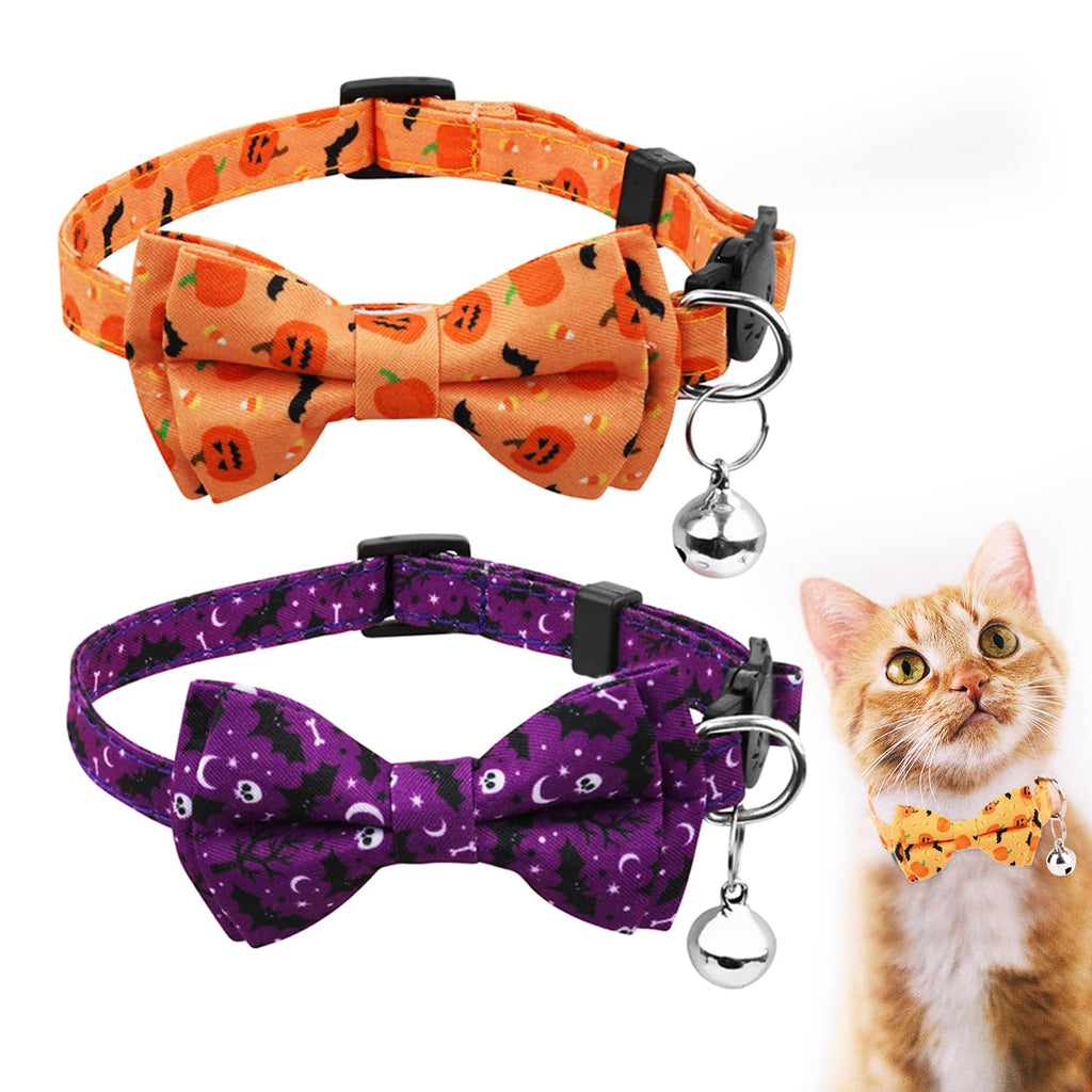 SAVITA 2pcs Halloween Cat Collar, Adjustable Cat Collar with Bow Printed Pumpkin Bats Pattern Cat Collar Breakaway with Silver Bell Cute Collar for Kittens Puppies - PawsPlanet Australia