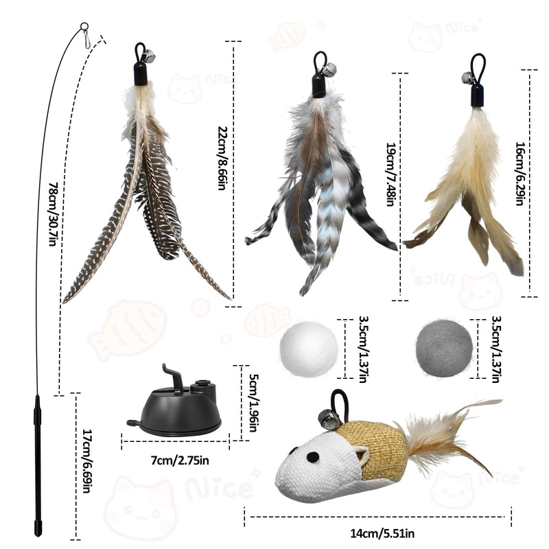 ROSAUI cat toy, 12 pieces cat fishing rod with 2 suction cups, cat toy self-occupation with mouse, natural interactive cat toy for cats, intelligence toy with feathers 2 suction cups - 12 pieces - PawsPlanet Australia
