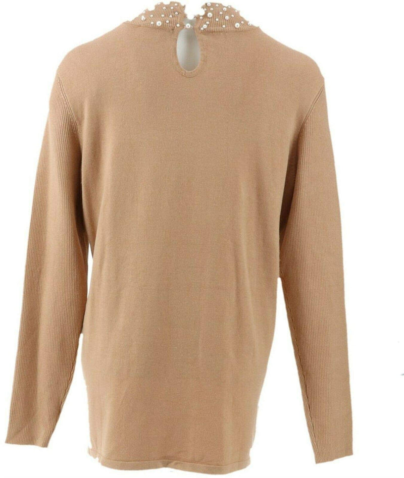 Belle Kim Gravel Feather Knit Faux Pearl Collar Sweater A343339 Large Camel - PawsPlanet Australia
