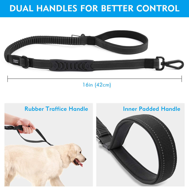 [Australia] - Dog Leash Traffic Padded Two Handles & Car Seat Belt, 4-5 FT Heavy Duty Reflective Leashes for Control Safety Training, Shock Absorbing Bungee Dog Leash for Small to Large Dogs Black 