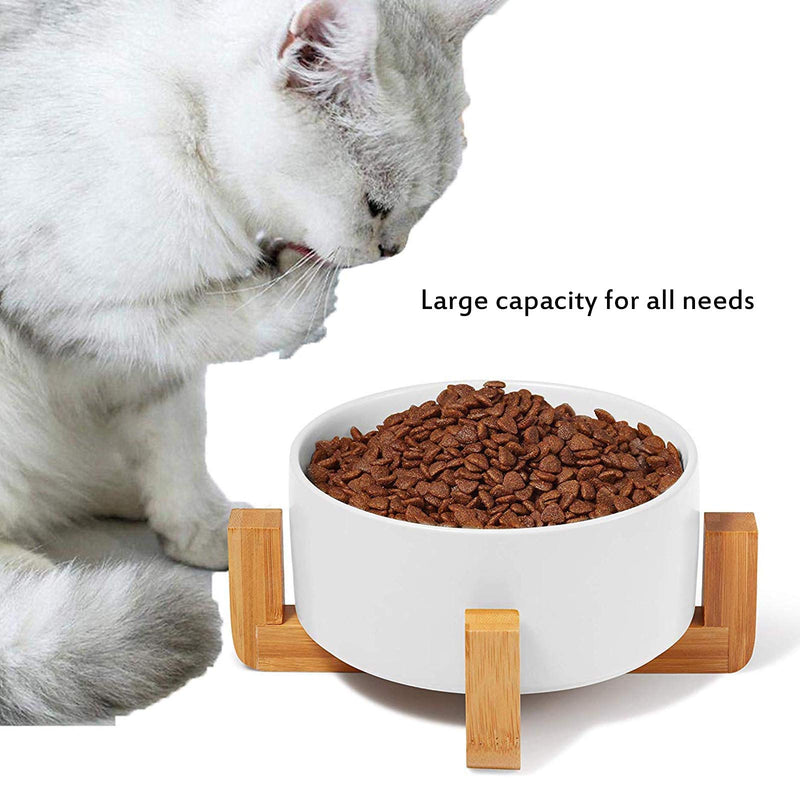 2Pcs Ceramic Cat Dog Bowl, with Bamboo Elevated Stand for Puppy Kitten Pet Raised Feeder Gift Dishwasher-safe White - PawsPlanet Australia