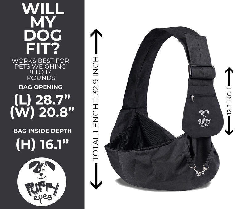 [Australia] - Puppy Eyes Waterproof Pet Carrier Sling Comfortable and Adjustable Dog Sling Ideal for Small and Medium Dogs up to 16 Pounds - Lightweight and Easy-Care Dog Carrier with Safety Mesh and Safety Leash black 