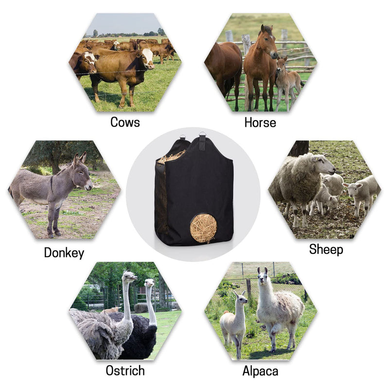 ZELARMAN Horse Hay Bag with Large Capacity，Slow Feeder Hay Nets， Leather Trim Feeding Bag for Horses, Sheep Small Black - PawsPlanet Australia