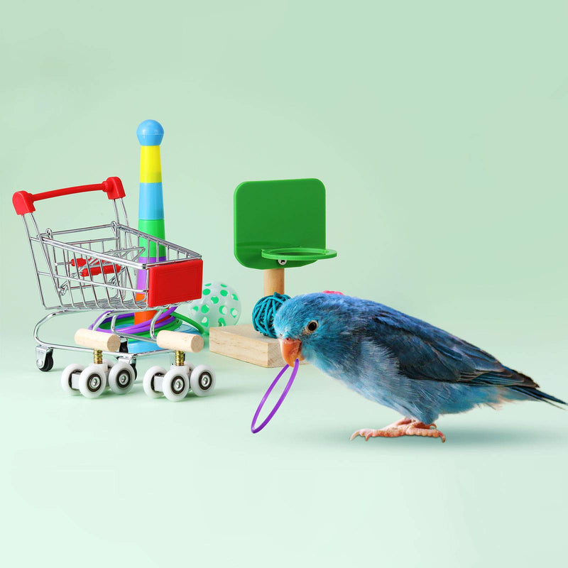 [Australia] - 6 Pieces Bird Training Toys Parrot Intelligence Toy Mini Shopping Cart Mini Roller Skate Toy Basketball Stacking Rings Bird Toy Bell Balls for Parrots and Birds Trick Tabletop Toys 