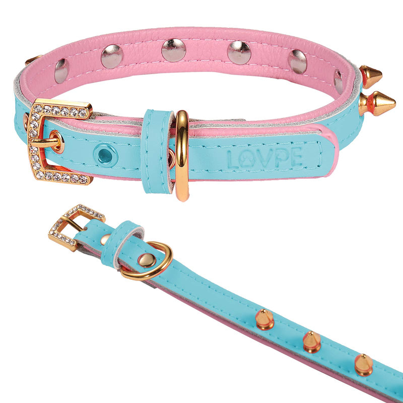 LOVPE Dog Collar/Cat Collar Golden Spiked Studded Double layer Leather Pet Collars with Golden Rhinestone Buckle for Puppy Cats Small Medium Dogs (S, Blue/Pink) S - PawsPlanet Australia