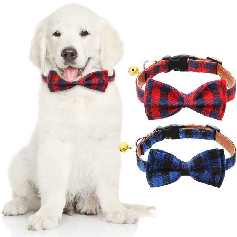 Frienda 2 Pieces Plaid Bowtie Dog and Cat Collar Adjustable with Bell for Small Medium Large Dogs Cats Pets - PawsPlanet Australia