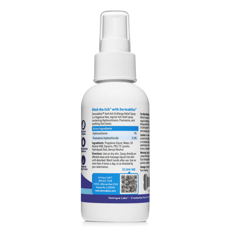 VETNIQUE LABS Dermabliss Anti-Itch & Allergy Relief Spray for Dogs & Cats with Hydrocortisone for Skin Care & Hot Spots - Fragrance Free, Ditch The Itch 4oz Spray Bottle - PawsPlanet Australia