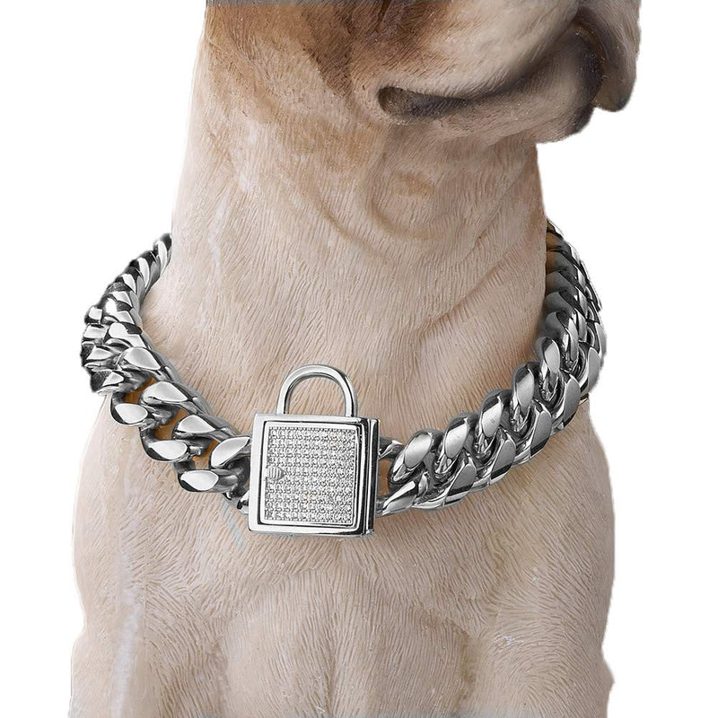 [Australia] - Aiyidi Pet Dog Collar, Top Stainless Steel Dog Chain Training Collar, 14mm Silver Tone Cuban Curb Chain Dog Collar, with White Zirconia Lock Dog Necklace 10-26 Inches Size:12inches(for 9.1''~11'' dog's neck) 