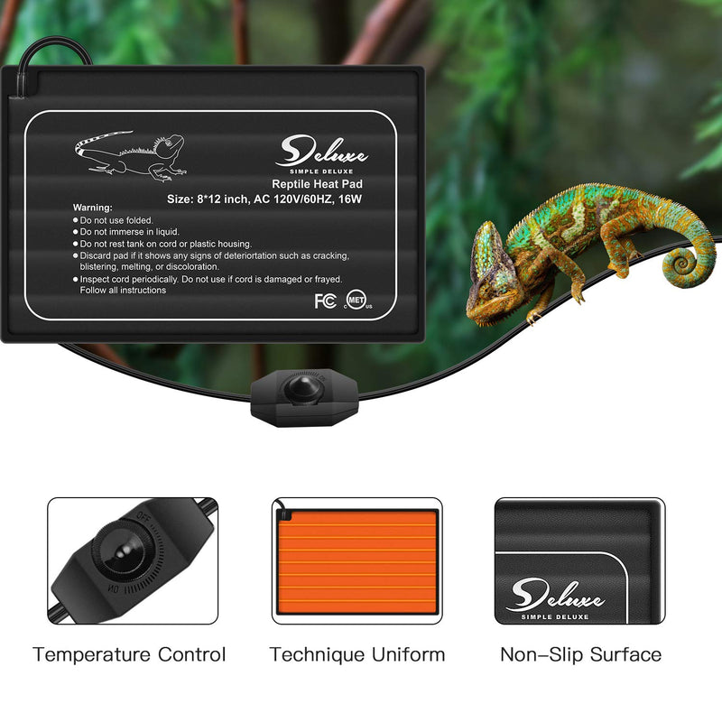 Simple Deluxe 2 Pack Reptile Heat Pad with Thermostat Temperature Adjustable Under Tank Heater 8 X 12 Inch 16W Terrarium Warmer Heating Mat for Lizard Spider, Frog Turtle Snake Plant 30-40gal Tank - PawsPlanet Australia