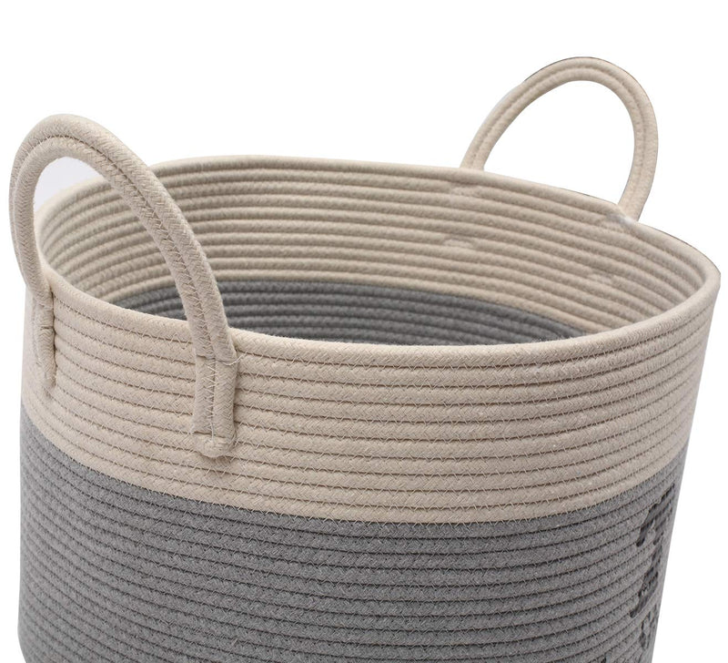 Cotton rope round cat basket with handle, large pet toy storage basket - Perfect for organizing pet toys, blankets, leashes, coats MZ0789 White Gray 2 - PawsPlanet Australia