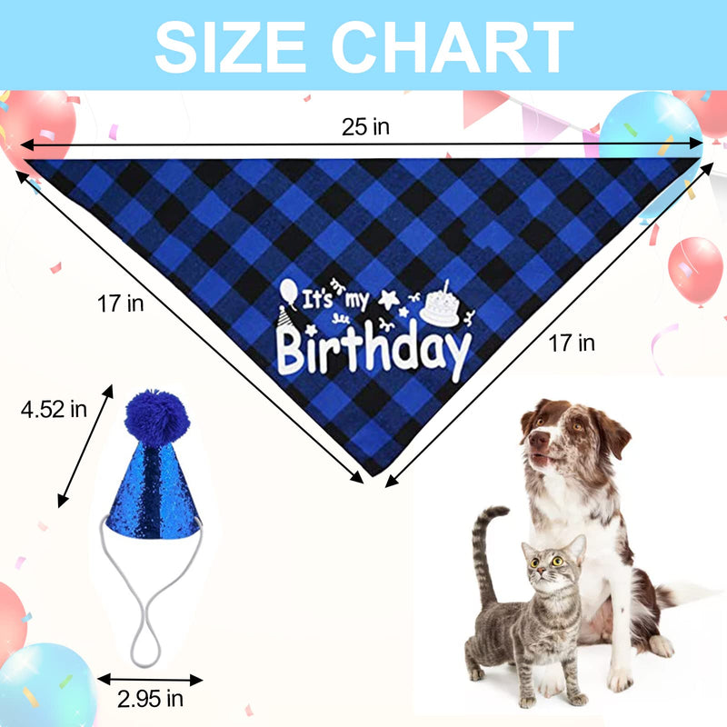 HACRAHO Dog Boy Birthday Supplies, 2 PCS Pet Birthday Plaid Bandana with Sequin Hat It’s My Birthday Dog Bandana Scarf and Adjustable Hat Pet Boy Birthday Party Supplies for Dogs Cats, Blue - PawsPlanet Australia