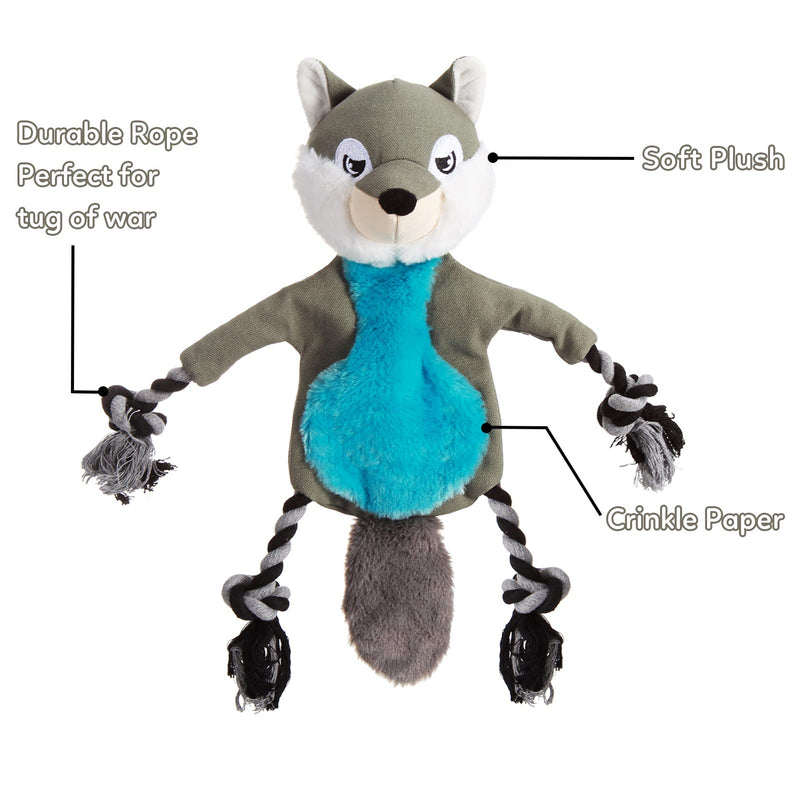 Stuffingless Squeaky Dog Toys, Crinkle Dog Toy with Rope Knots Grey Fox Shape, No Stuffing Dog Chew Toys for Small Medium Dogs - PawsPlanet Australia
