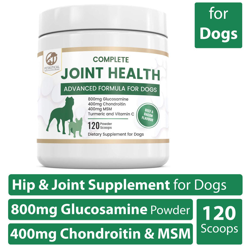 Petastical Dog Hip Joint Care Supplements, 800mg Glucosamine, 400mg Chondroitin, 400mg MSM with Added Turmeric, 120 Powder Scoops, Made In USA - PawsPlanet Australia