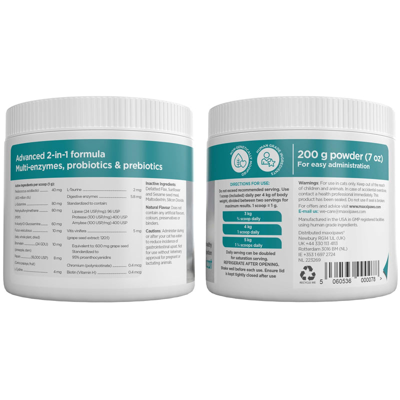 maxxicat - maxxidigest+ probiotics, prebiotics & digestive enzymes for cats - advanced support for the digestion and immune system of cats - no GMO powder - powder 200 g 200 g (pack of 1) - PawsPlanet Australia