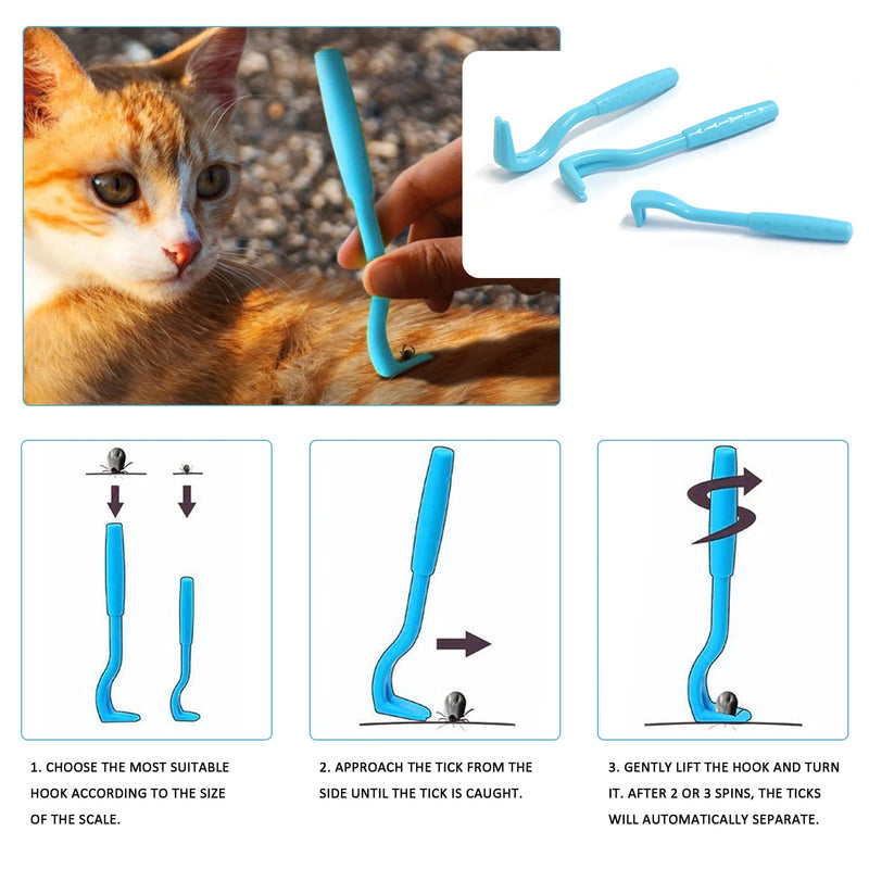ZWZNBL 3 Pieces Tick Remover, Tick Remover for Cat and Dog, Tick Hook and Tick Tong, Tick Trap, Tick Flea Remover for Pets (Blue) Blue - PawsPlanet Australia