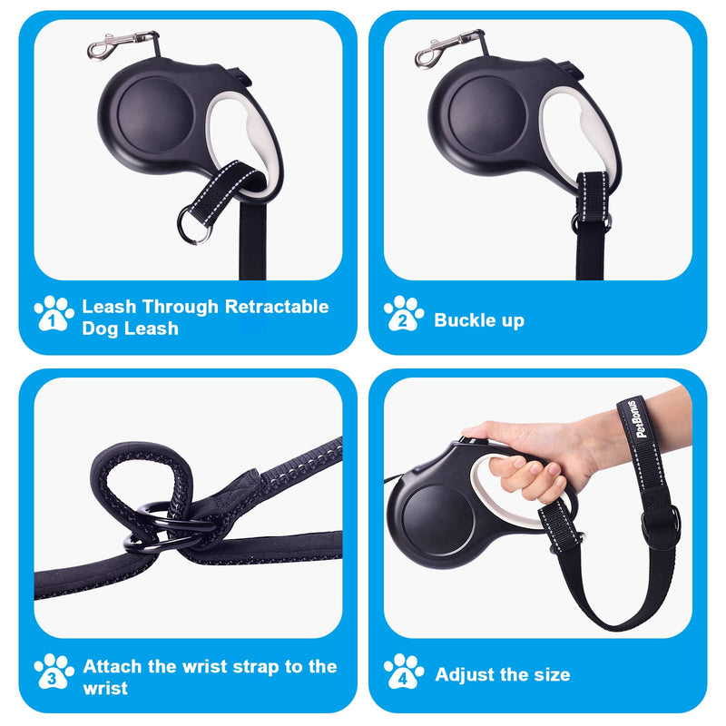 PetBonus Short Dog Lead, Safety Wristband for Retractable Lead Dog Lead, Reflective Stitching and Adjustable Soft Padded Handle, Extra Layer of Safety for Strollers (Black) 1 Piece Black - PawsPlanet Australia