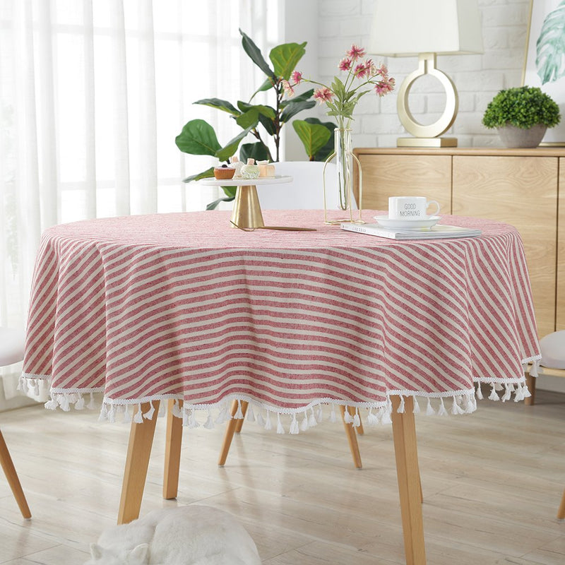 ColorBird Stripe Tassel Tablecloth Cotton Linen Dust-Proof Table Cover for Kitchen Dinning Tabletop Decoration (Round, 60 Inch, Red) Round, 60 Inch - PawsPlanet Australia