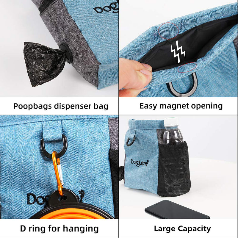 Magnetic Dog Treat Bag with Adjustable Waistband, Pet Walking Bag Pouch with Opening for Poop Bag, Waterproof Dog Training Bag, Waist Hanging Buckle Dog Snack Bag Pocket for Dog Cat Feeding(Blue) - PawsPlanet Australia