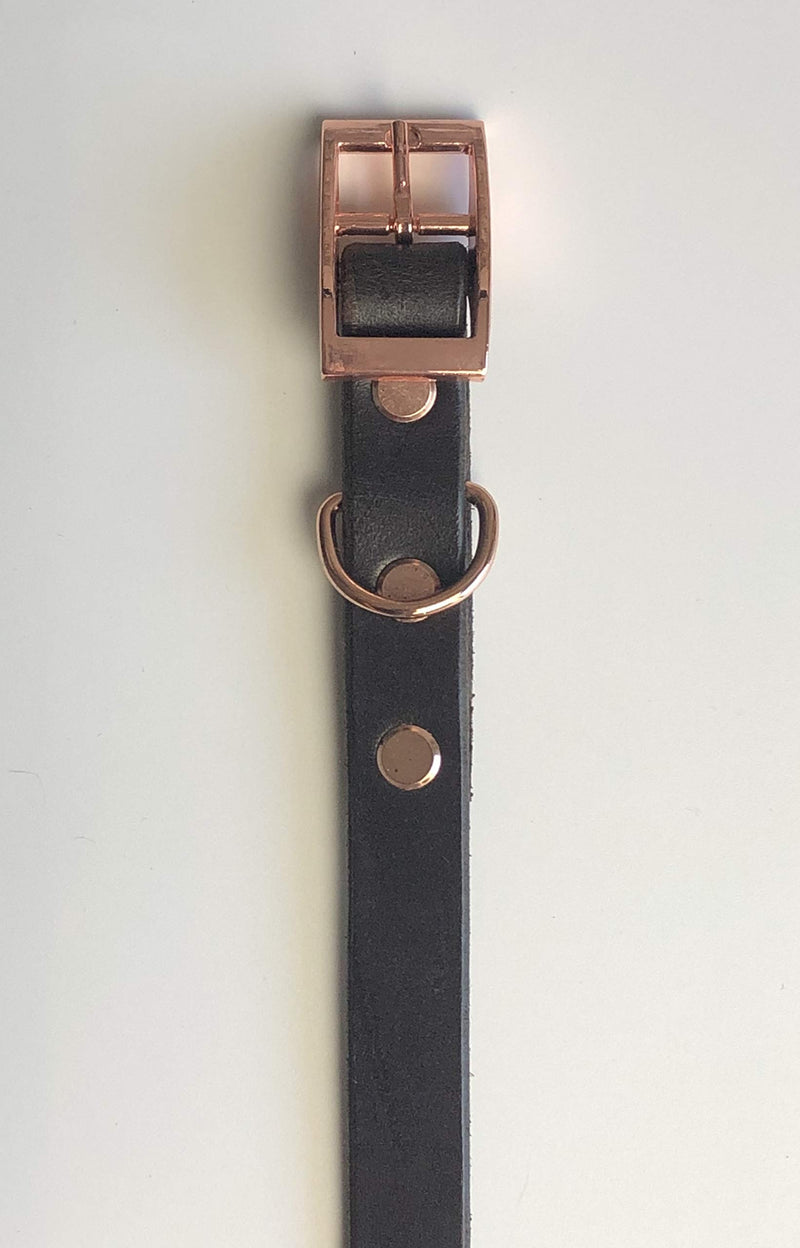 DARK BROWN ITALIAN BRIDLE LEATHER LUXURY HANDMADE DOG COLLAR MEDIUM 16"-20" 40CM-50CM WITH ROSE GOLD ACCESSORIES AND RIVETS - PawsPlanet Australia