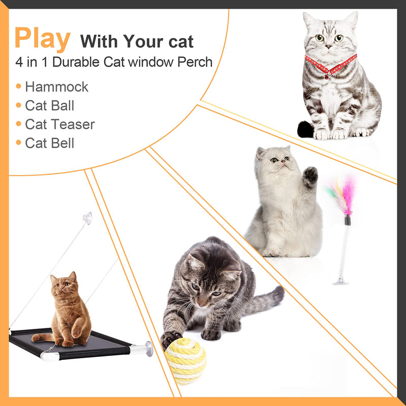 DEMOCRATIDO Cat Window Perch Set - Cat Window Hammock, 4 Suction Cups Cat Seat Bed with Adjustable Cat Collar with Bell and Cat Teaser Toy for Outdoor and Indoor - PawsPlanet Australia