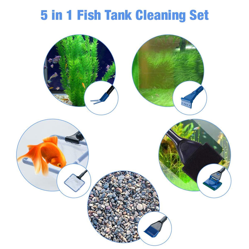 [Australia] - Songway 5 in 1 Aquarium Fish Tank Clean Tool Set/Fish Net, Gravel Rake, Algae Scraper, Plant Fork, Sponge/Multi-Function Cleaning kit for Aquarium Fish Tank 